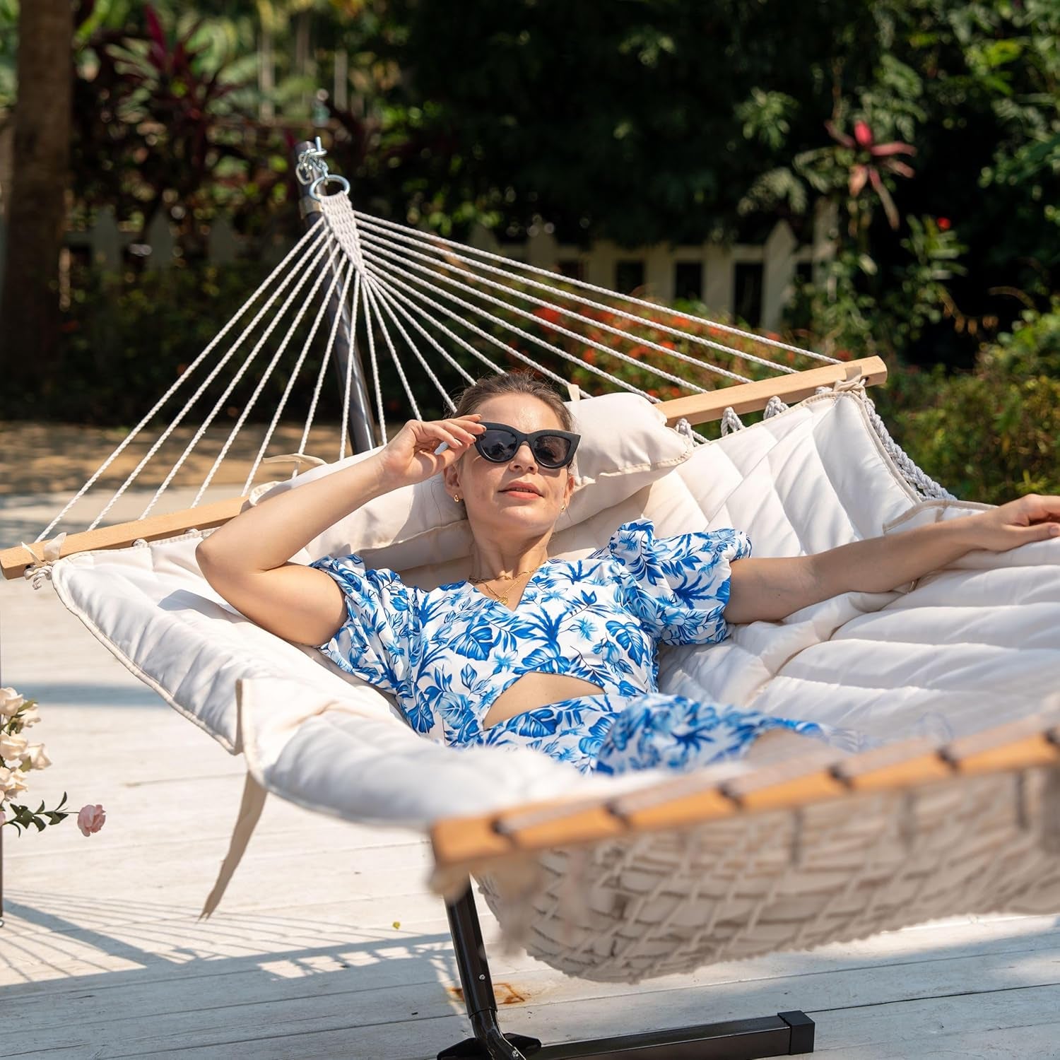 2 Person Portable Hammock with 12FT Stand, Double Hand Woven Cotton Rope Hammock with Detachable Quilted Pad & Pillow for Outside, 450Lb Capacity, Natural