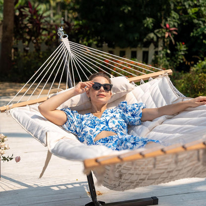 2 Person Portable Hammock with 12FT Stand, Double Hand Woven Cotton Rope Hammock with Detachable Quilted Pad & Pillow for Outside, 450Lb Capacity, Natural