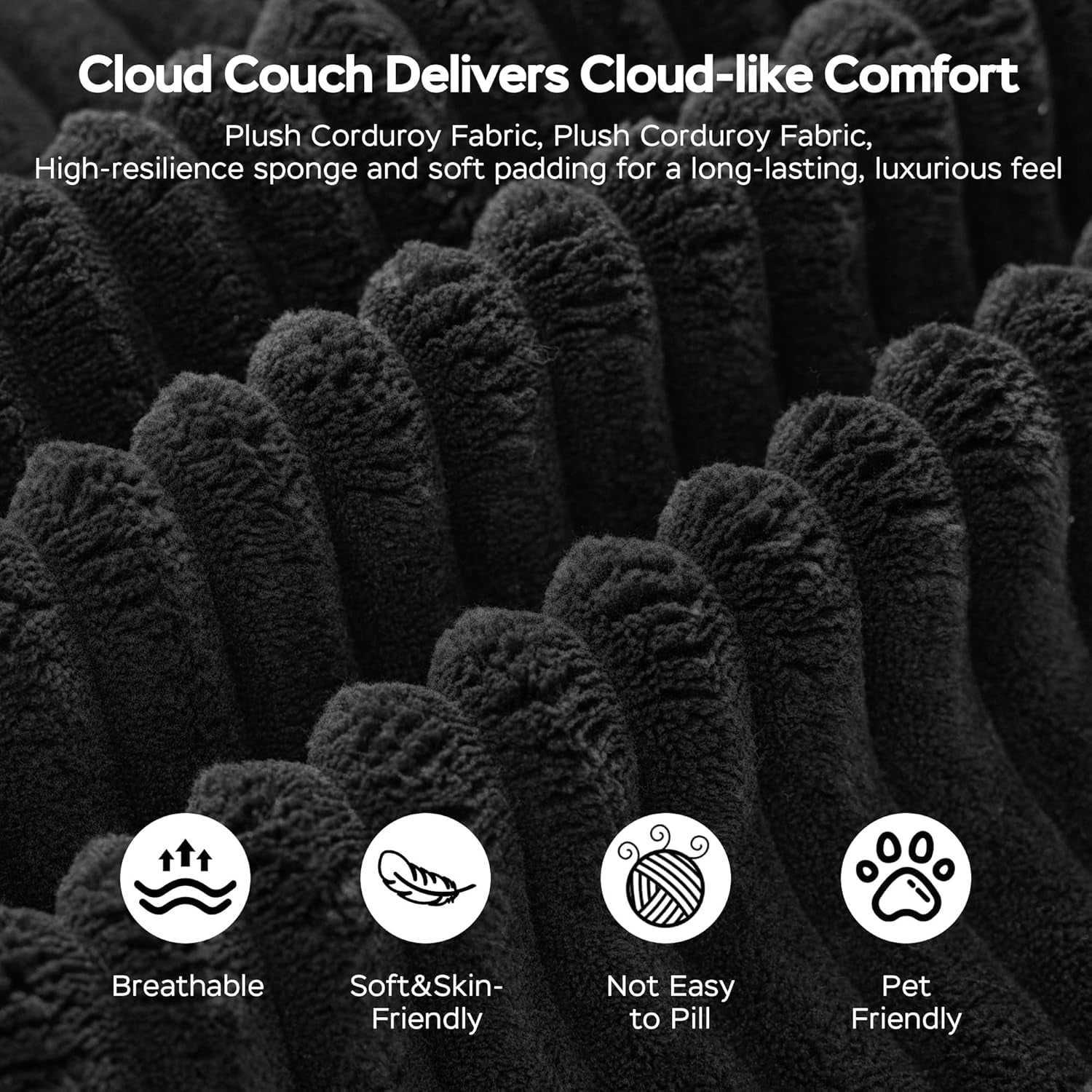 67 Inches Chaise Lounge Chair Indoor, Oversized Boneless Couch with 3 Throw Pillows and Armrests, Corduroy Upholstered Plush Sofa Bed with Storage, Lazy Chair Bed Sleeper for Living Room, Black