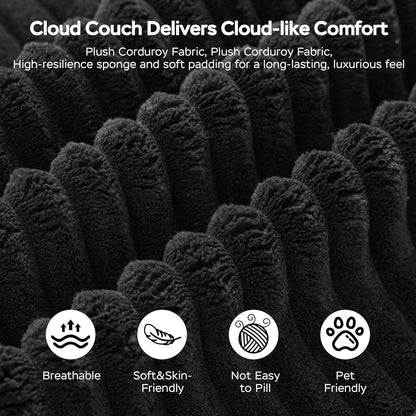 67 Inches Chaise Lounge Chair Indoor, Oversized Boneless Couch with 3 Throw Pillows and Armrests, Corduroy Upholstered Plush Sofa Bed with Storage, Lazy Chair Bed Sleeper for Living Room, Black