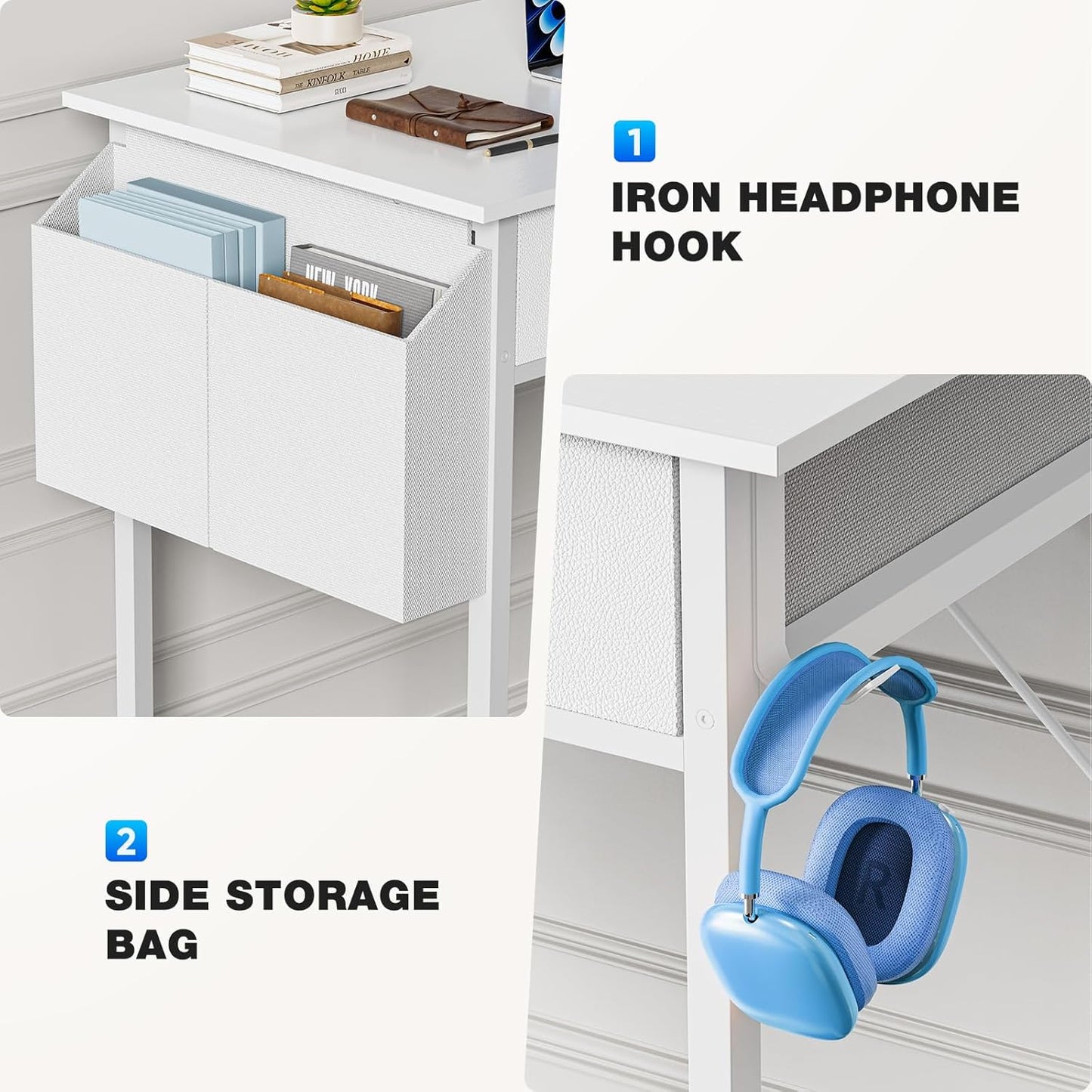 32 Inch Small Desk with Drawers, Home Office Computer Desk with Storage Bag and Headphone Hook, Study Writing Table with Adjustable Feet for Bedroom, White