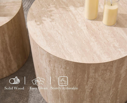 round Wood Nesting Coffee Table Set of 2, Modern Circle Travertine End Side Table Sets for Living Room, Light Wooden Color/No Assembling