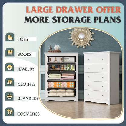 White 5 Drawer Wood Dresser, Wooden Chest of Drawers for Bedroom, Storage Cabinet and Organizer Drawers for Living Room, Hallway, Closet, Measuring 15.75" W*31.50" D*45.35" H