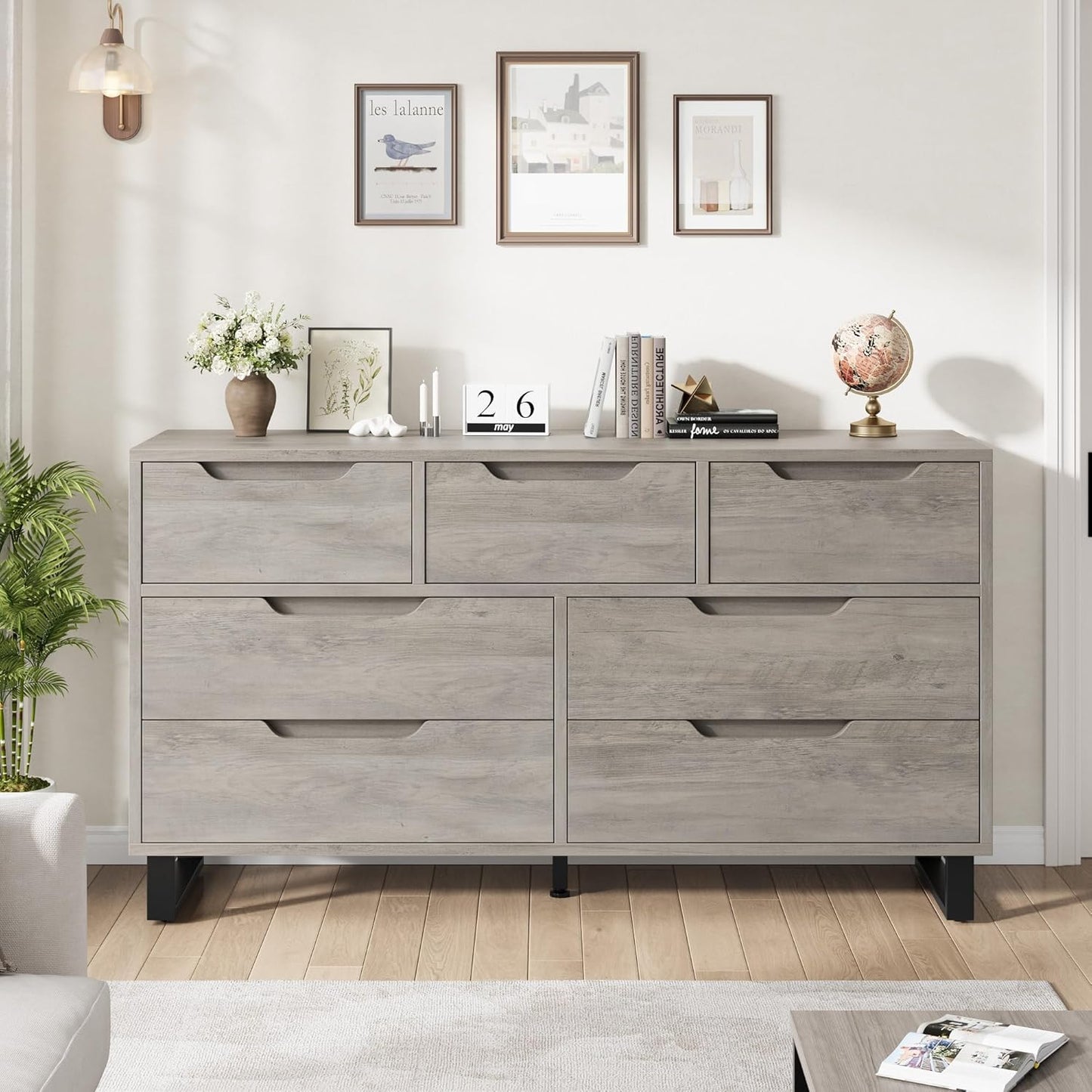 7 Dresser for Bedroom, 55" Wide Dresser, Freestanding Horizontal Drawer with Storage, Wooden Closet Chest Storage for Living Room, Hallway, Entryway, Ash Grey