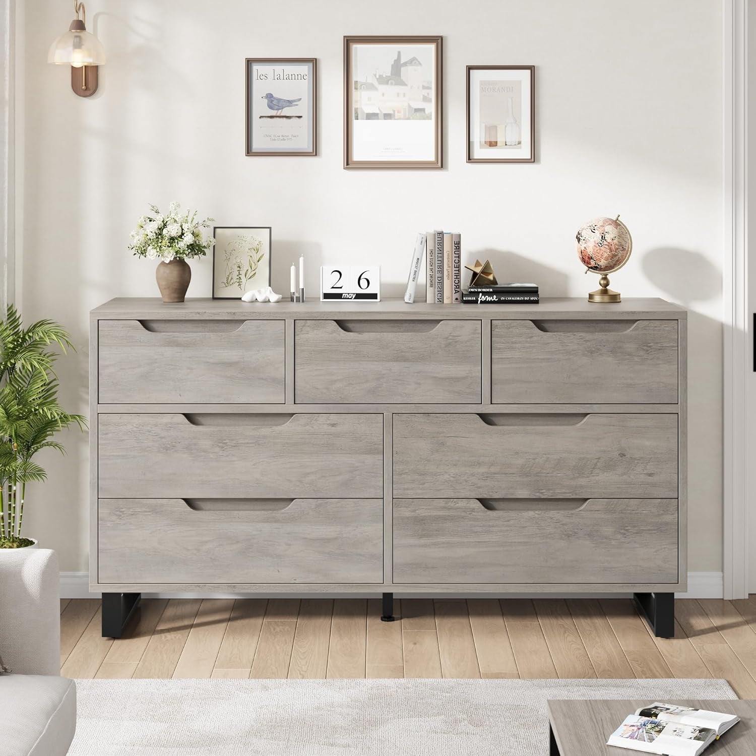 7 Dresser for Bedroom, 55" Wide Dresser, Freestanding Horizontal Drawer with Storage, Wooden Closet Chest Storage for Living Room, Hallway, Entryway, Ash Grey