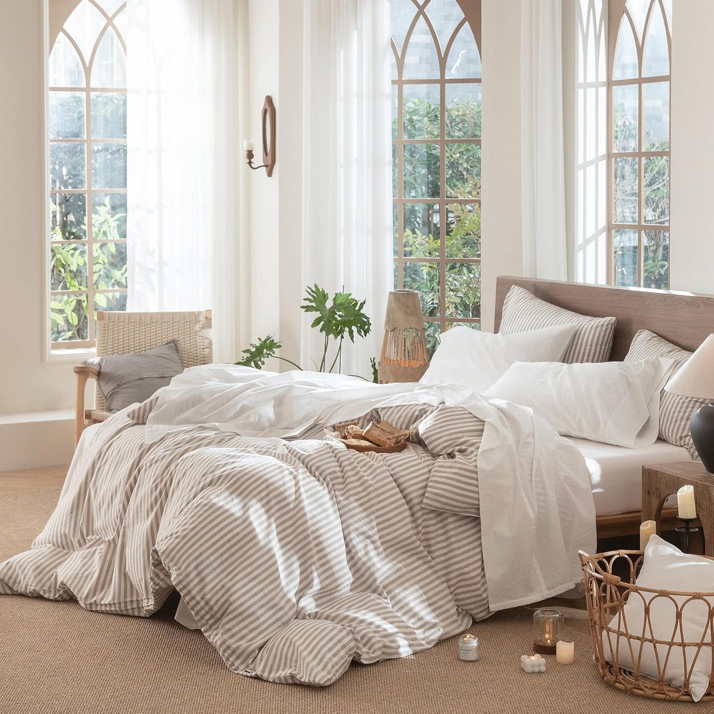 Bedding Sheet Set 100% Washed Cotton Linen like Textured Breathable Durable Soft Comfy (Solid off White, Queen)