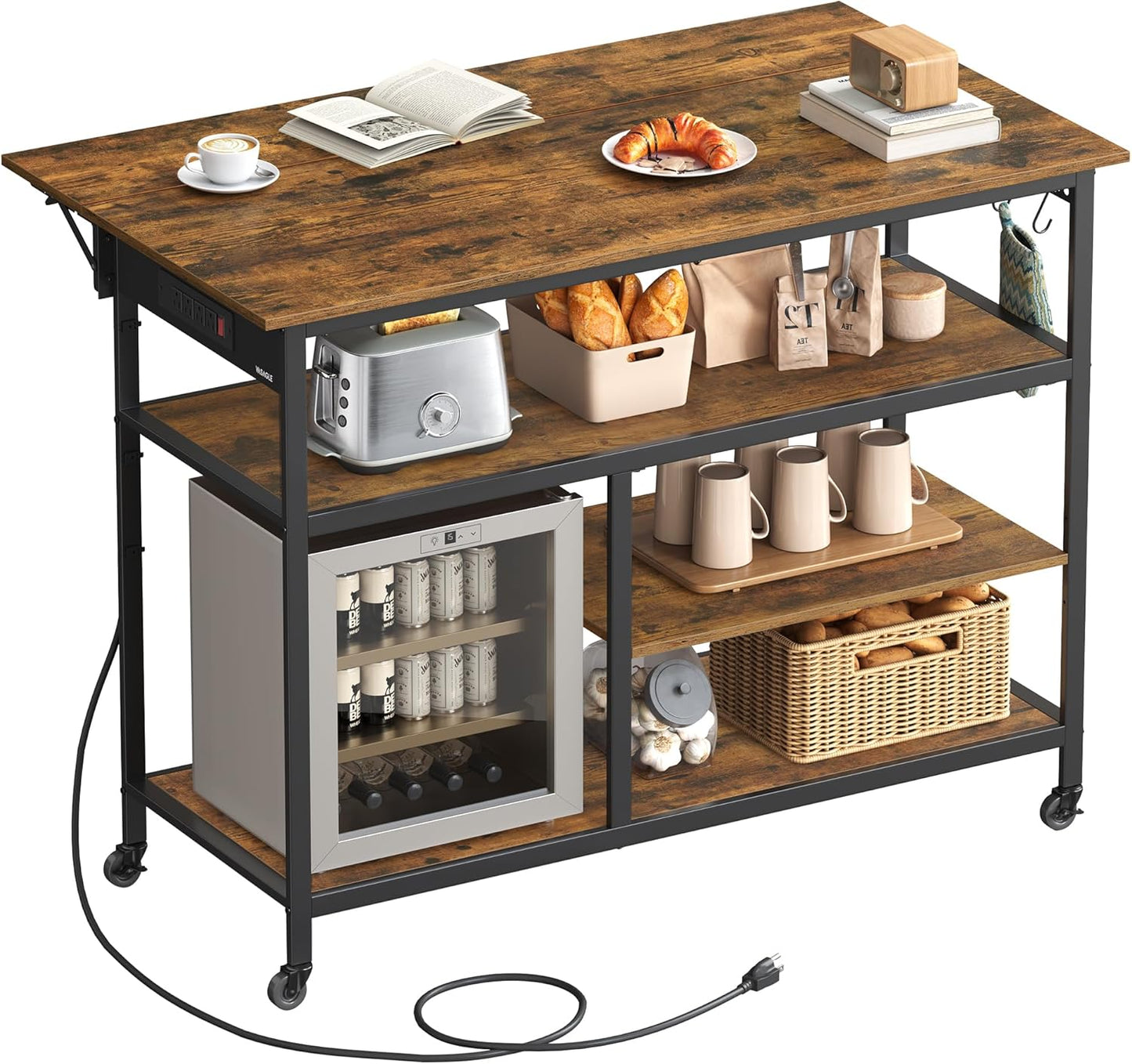 Kitchen Island with Drop Leaf, 47.2" Width Rolling Kitchen Cart with Power Strip, Extendable Worktop, Workbench,Pegboard, Adjustable Shelf, Rustic Brown and Ink Black UKKI013K01