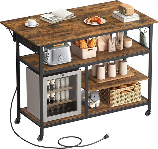 Kitchen Island with Drop Leaf, 47.2" Width Rolling Kitchen Cart with Power Strip, Extendable Worktop, Workbench,Pegboard, Adjustable Shelf, Rustic Brown and Ink Black UKKI013K01