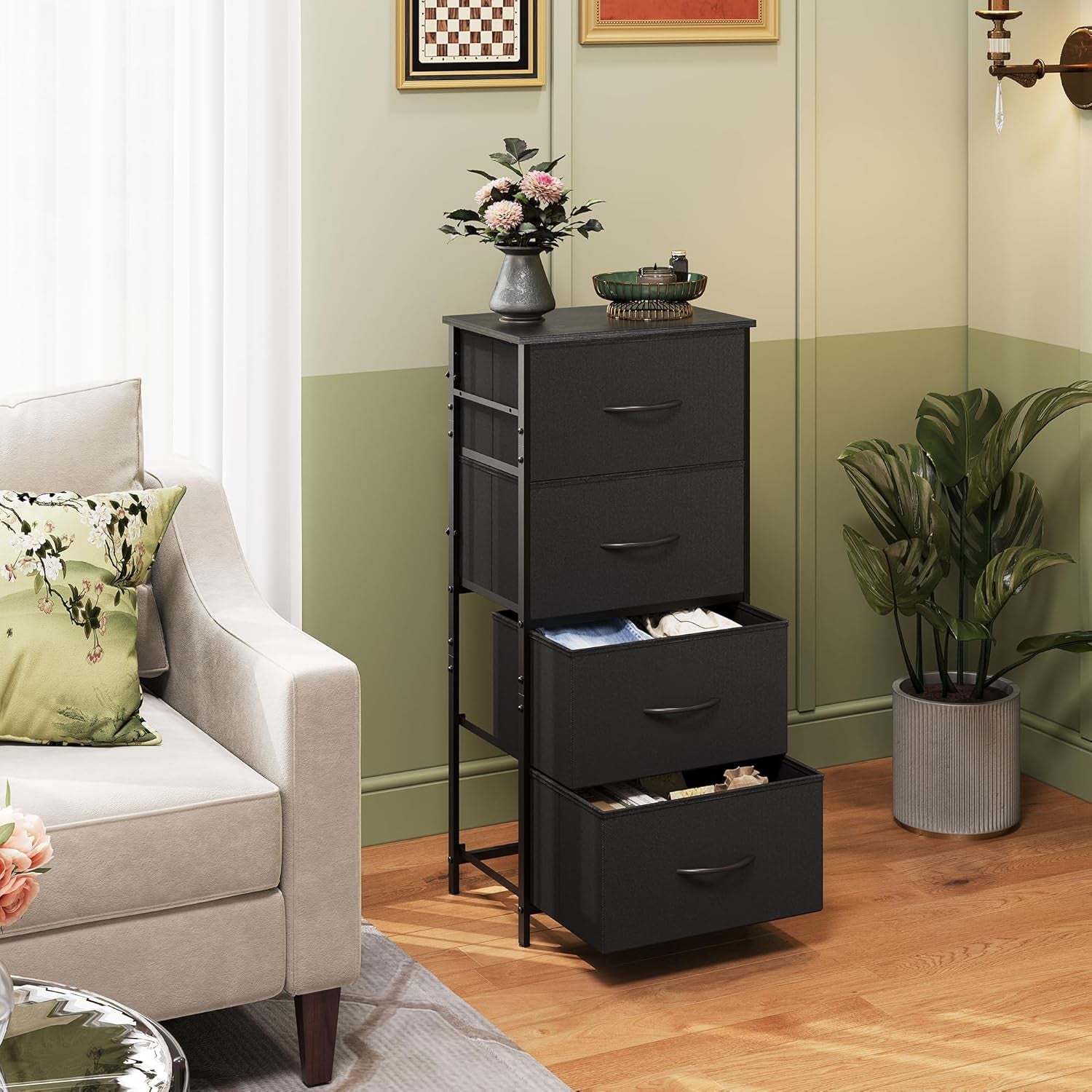 Dresser with 4 Drawers, Fabric Storage Tower, Organizer Unit for Bedroom, Hallway, Entryway, Closets, Sturdy Steel Frame, Wood Top, Easy Pull Handle, Charcoal Black