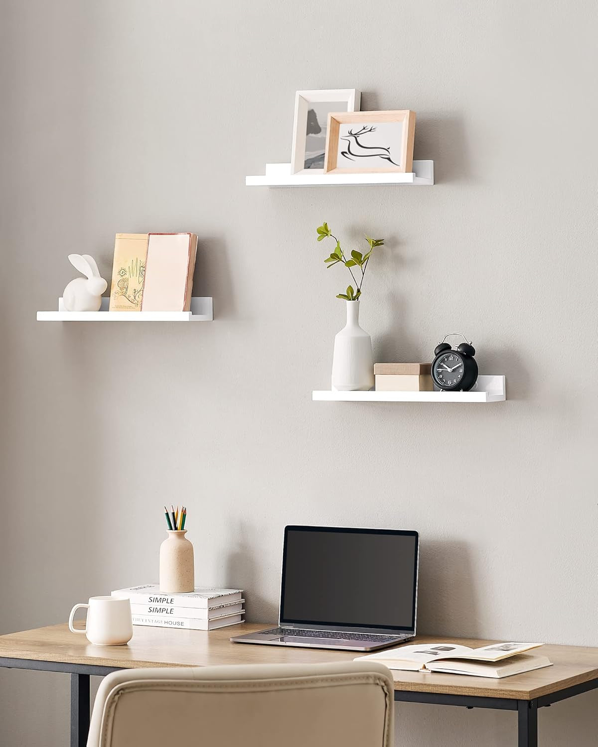 Floating Shelves, Set of 3 Wall Shelves, 15-Inch Wide, for Photo Frames and Trinkets, for Living Room, Home Office, Kitchen, Bathroom, White ULWS38WT