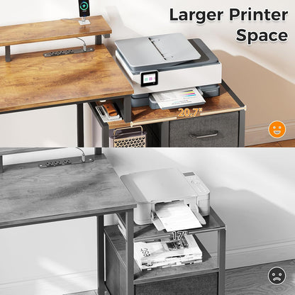 Computer Desk with Printer Storage Shelf, 56 Inch Office Desk with Drawers & Power Outlet, Reversible Desk Space-Saving Workstation with Individual PC Stand, Rustic Brown