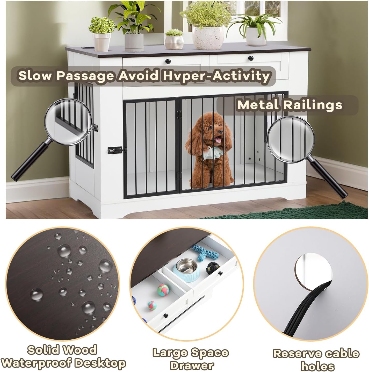 Dog Crate Furniture TV Stand with Charging Station-47.24"Heavy Duty Dog Kennel Furniture Tv Table with 2 Drawers Storage,Indoor TV Stand for Small Medium Dogs,For Bedroom Living Room (White, 1.2M)