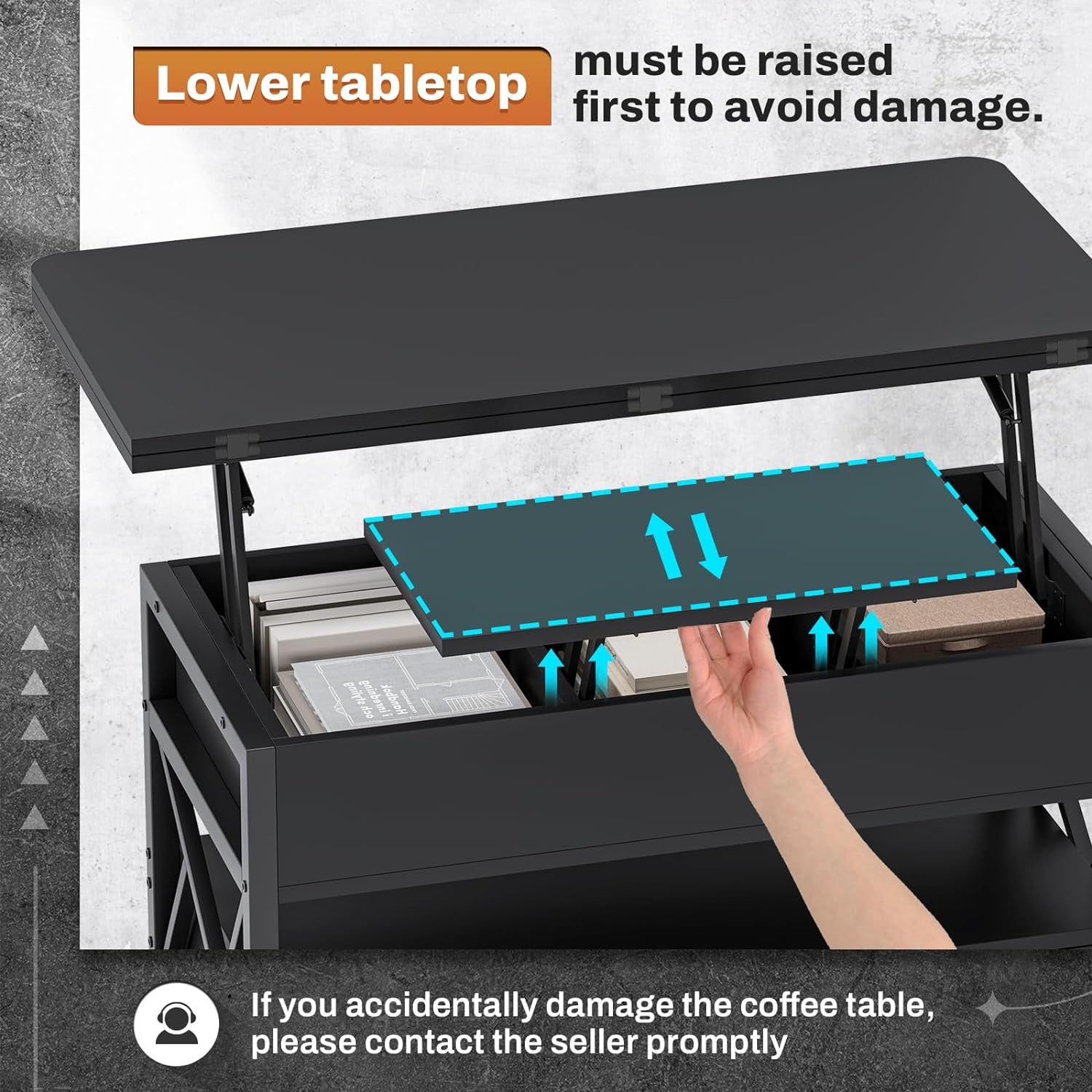 40" Lift Top Coffee Table, 4 in 1 Coffee Tables with Storage for Living Room, Small Farmhouse Coffee Table with 2 Drawers & LED Light for Dining Reception Room, Black