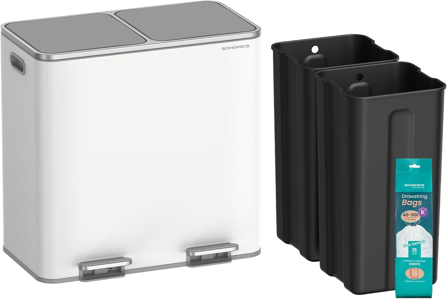Trash Can, 2 X 10.6 Gallon (2 X 40 L) Garbage Can for Kitchen, with 15 Trash Bags, 2 Compartments, Plastic Inner Buckets and Hinged Lids, Airtight, Silver and Black ULTB730E80