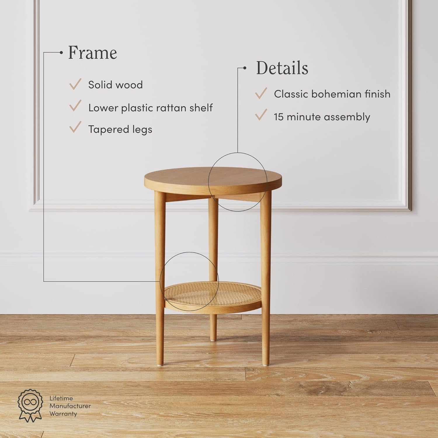 Sonia Boho round Accent End Table, Natural Sofa Side Table in Light Wood with Rattan Storage Shelf for Living Room, Bedroom or Nursery, Light Brown