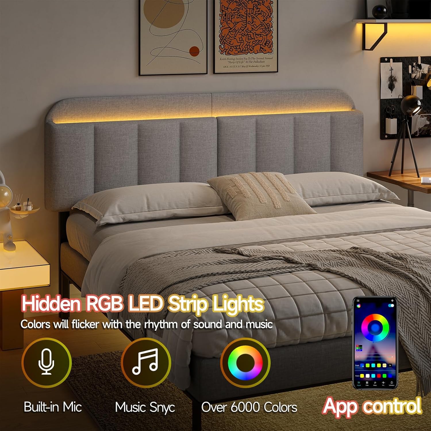 Adjustable Headboard for King/California King Size Bed Frame, Linen Fabric Bed Headboard with Storage & RGB LED Light in Modern Vertical Channel Design, Light Grey