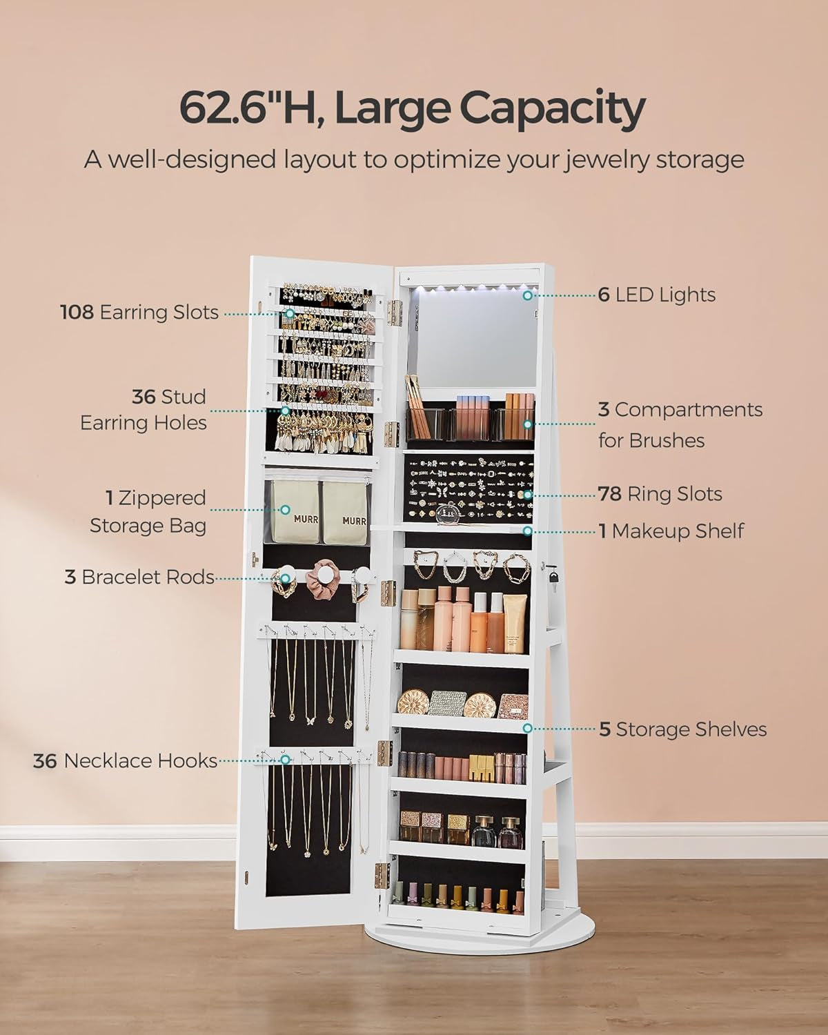 LED Jewelry Cabinet Standing, Lockable Armoire with Full-Length Mirror and Adjustable Lights, Space-Saving Organizer, Gift Idea, Cloud White UJJC008W01