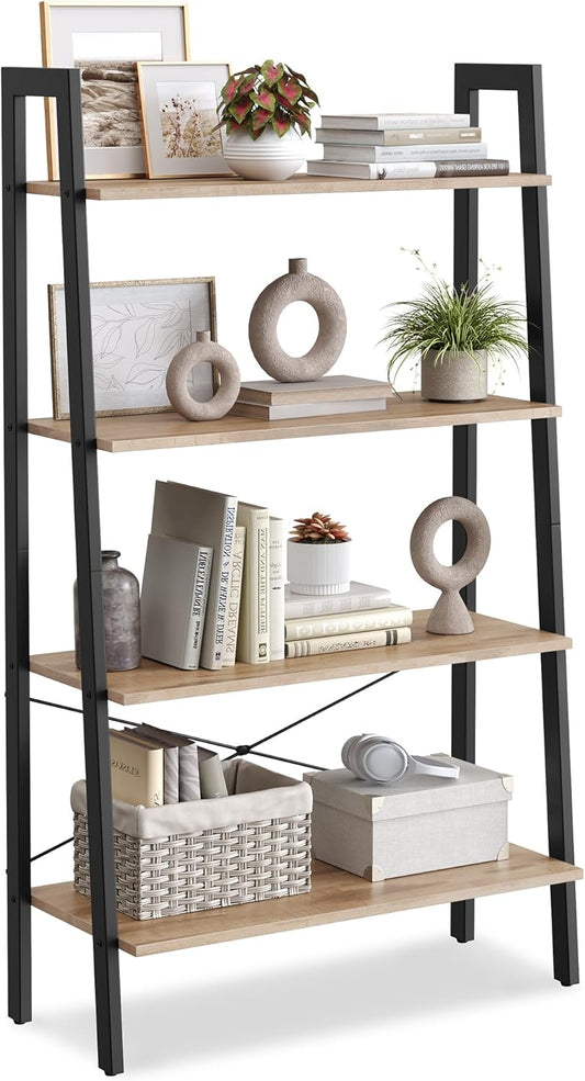Ladder Shelf, 4-Tier Bookshelf, Storage Rack, Bookcase with Steel Frame, for Living Room, Home Office, Kitchen, Bedroom, Industrial Style, Camel Brown and Ink Black ULLS144B50