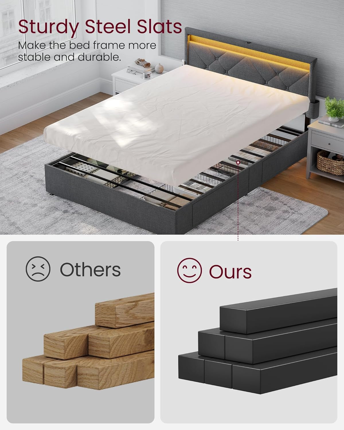 Queen Bed Frame with 51.4 Inch Tall Storage Headboard, Bed Frame Queen Size with 4 Storage Drawers on Wheels, LED Lights, Charging Station, No Box Spring Needed, Modern, Dark Gray URMB891G02