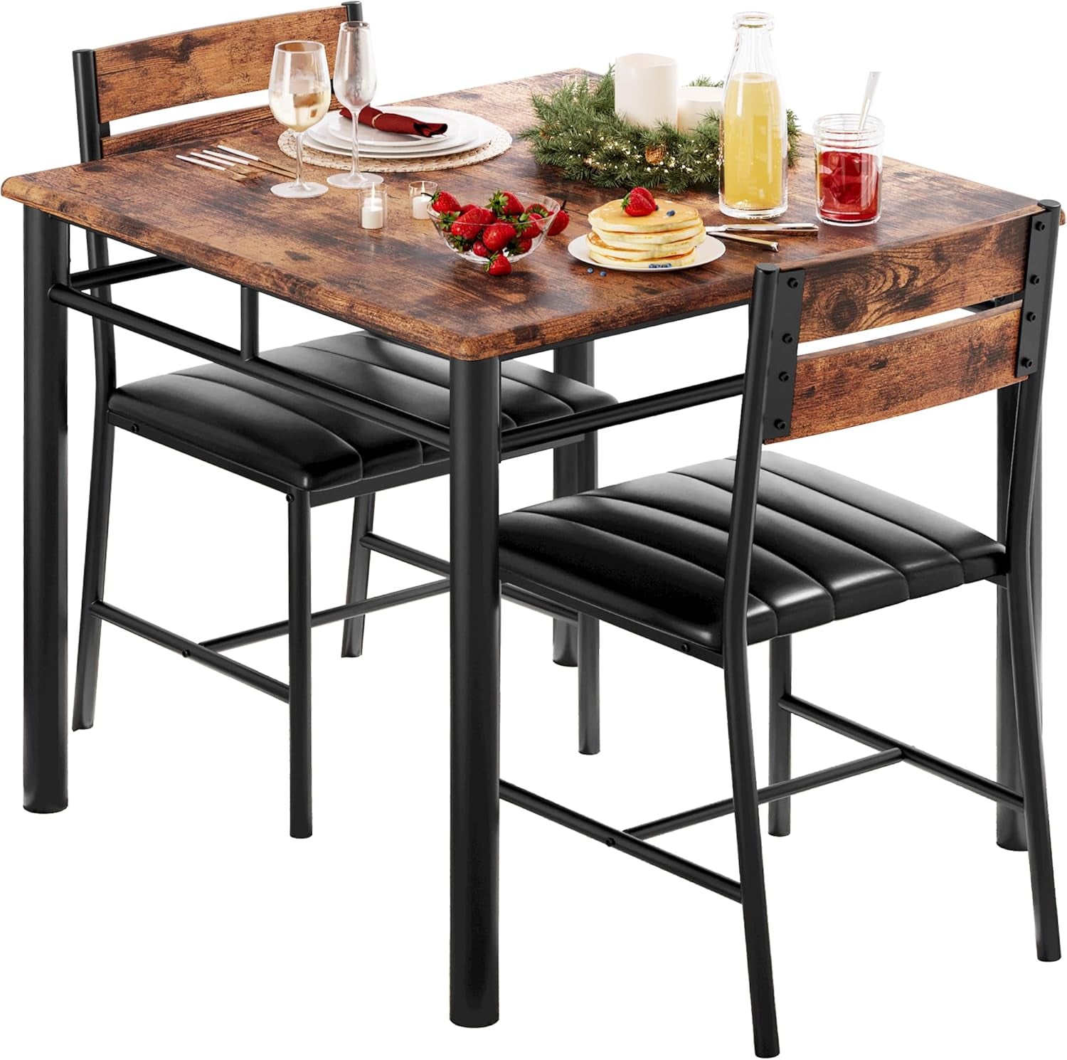 Dining Table Set for 2, Small Kitchen Table with Upholstered Chairs Dinning Table Set for Kitchen & Dining Room, Compact Dining Set for Small Spaces, Rustic Brown