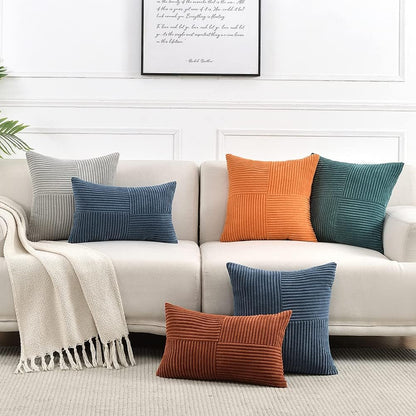 Rust Lumbar Decorative Throw Pillow Covers 12X20 Inch for Couch Bed Sofa, Rustic Farmhouse Boho Home Decor, Soft Striped Corduroy Rectangle Accent Terracotta Cushion Case 30X50 Cm