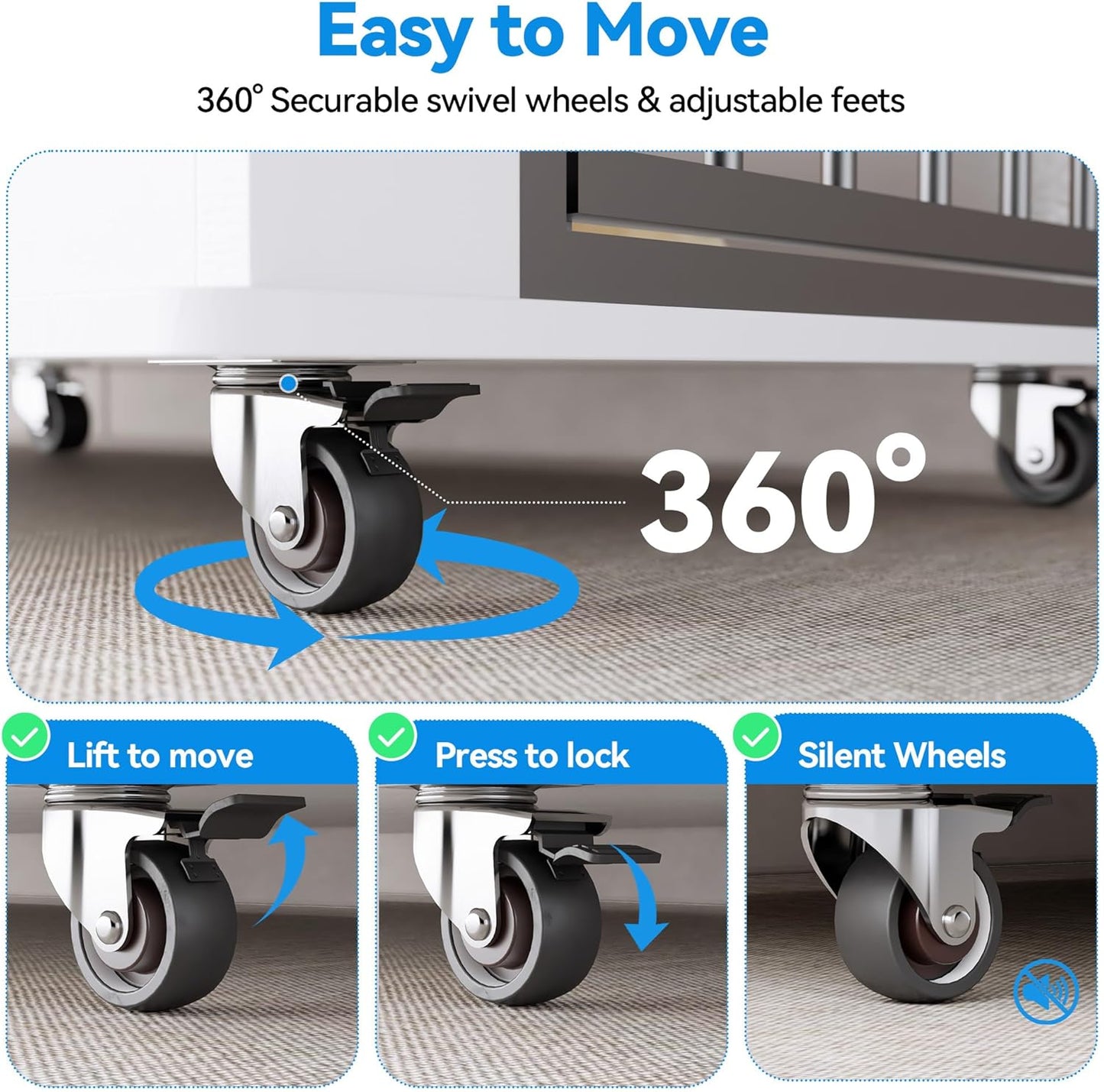 63" Dog Crate Furniture for 2 Dogs, XL Large Indoor Wooden Dog Kennel with Divider, 6 Lockable Wheels & Storage, Heavy Duty Modern Decorative Double Dog Cage TV Stand for Medium/Large Breed