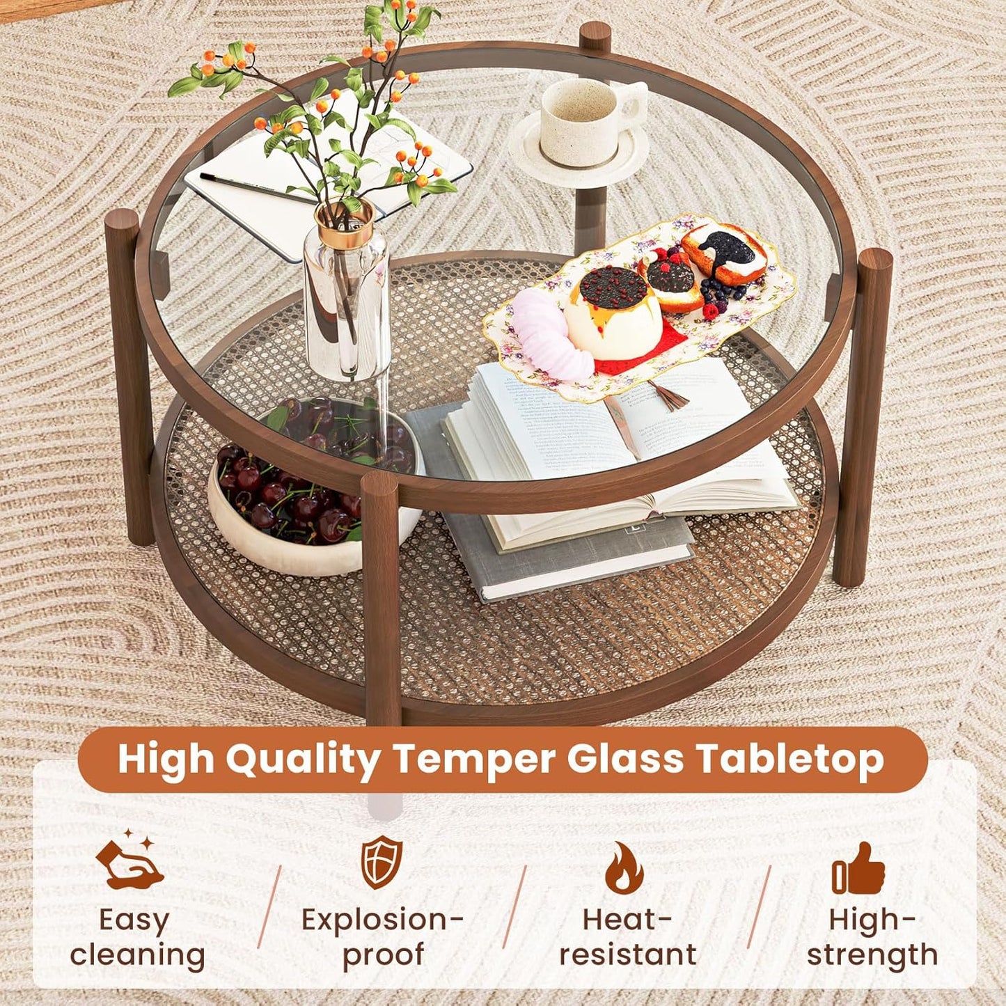Rattan Coffee Table, Boho round Glass Tea Table with PE Rattan Storage Shelf & Wood Frame, 2 Tier Accent Center Table for Living Room, Apartment, Small Space
