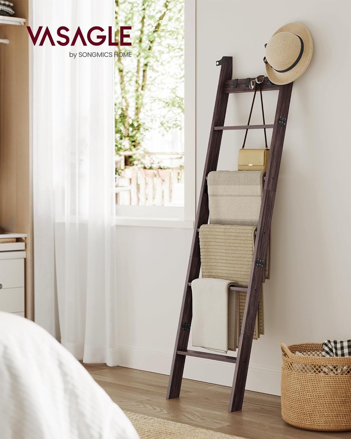 Blanket Ladder Shelf, 6-Tier Ladder Rack for Storage and Decor with 4 Removable Hooks, Decorative Farmhouse for the Living Room, Maroon Brown ULLS038K01