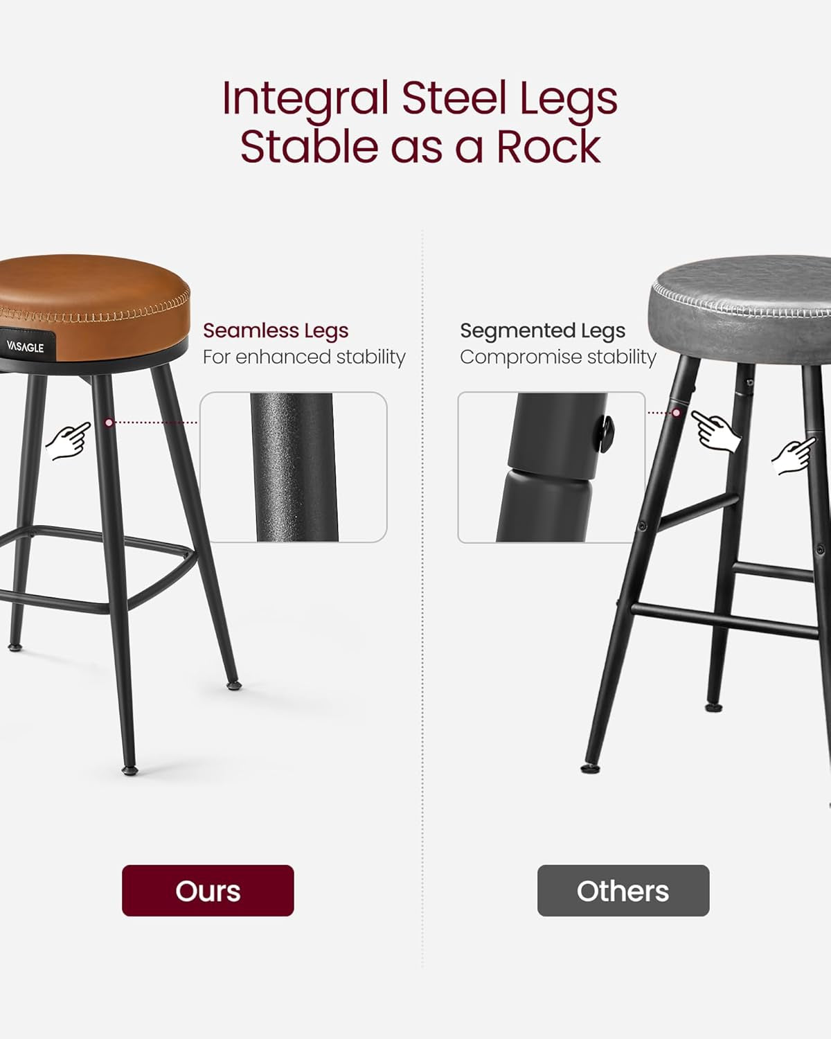 EKHO Collection - Swivel Bar Stools Set of 2, Bar Height Backless Bar Stools, Synthetic Leather with Stitching, Mid-Century Modern, 30-Inch Tall Kitchen Barstools for Home Bar, Caramel Brown
