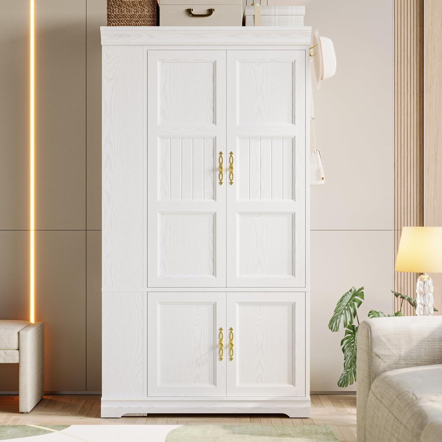 Armoire Wardrobe Closet with Mirror, 70” Wooden Wardrobe Cabinet with 4 Doors, 2 Open Storage Shelves, Freestanding Bedroom Armoire with 3 Hooks & Hanging Rod for Home Room, White