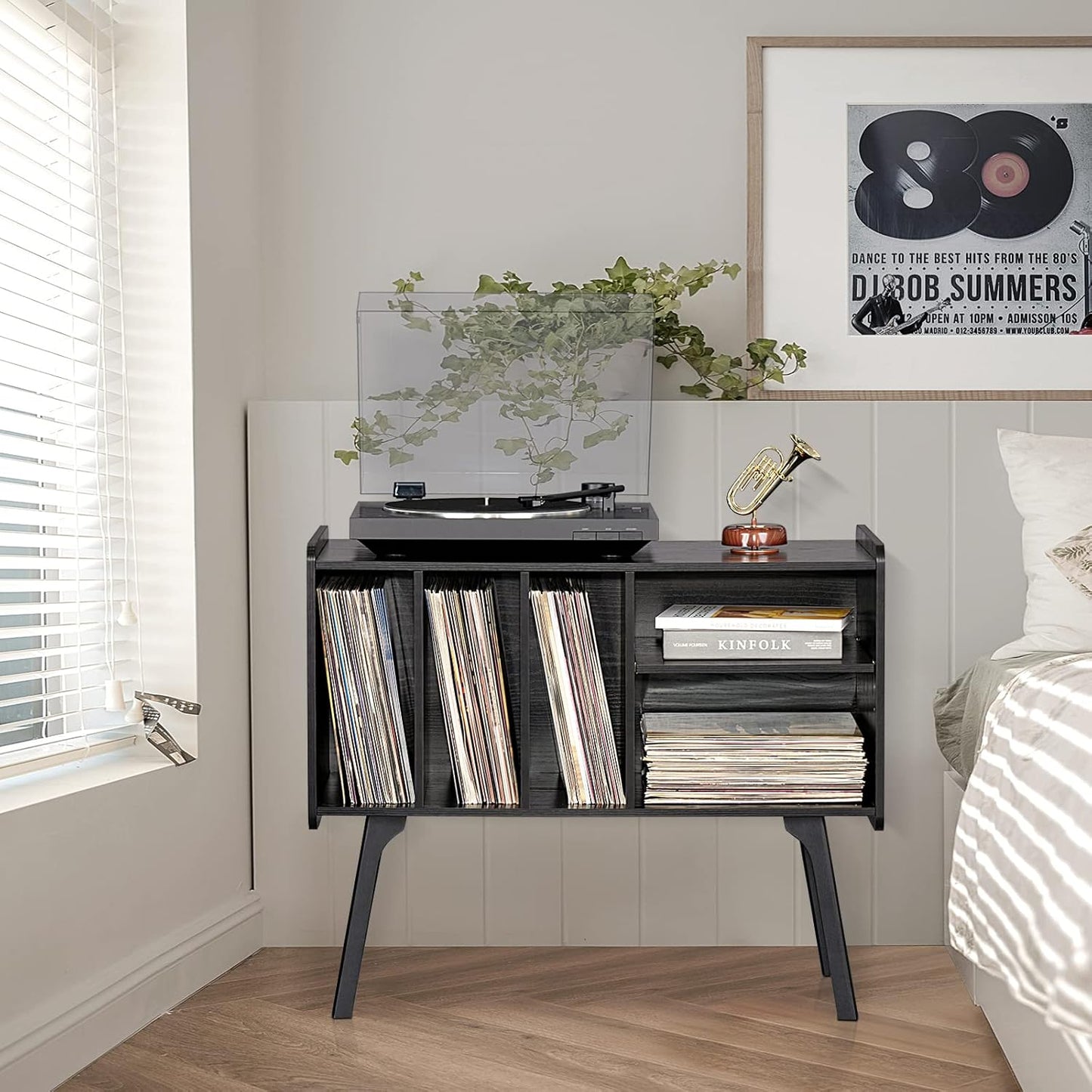 Record Player Stand with 4 Cabinet Holds up to 220 Albums, Large Black Turntable Stand with Beech Wood Legs, Mid-Century Record Player Table, Vinyl Holder Storage Shelf for Bedroom Living Room