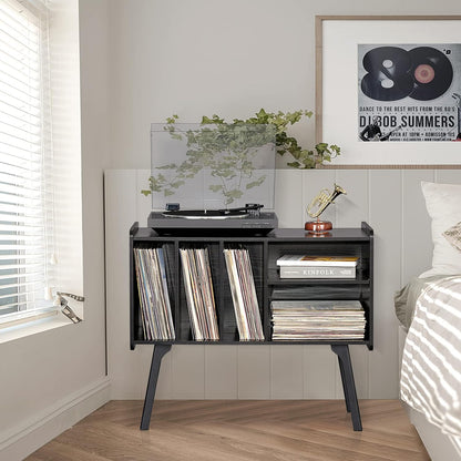 Record Player Stand with 4 Cabinet Holds up to 220 Albums, Large Black Turntable Stand with Beech Wood Legs, Mid-Century Record Player Table, Vinyl Holder Storage Shelf for Bedroom Living Room