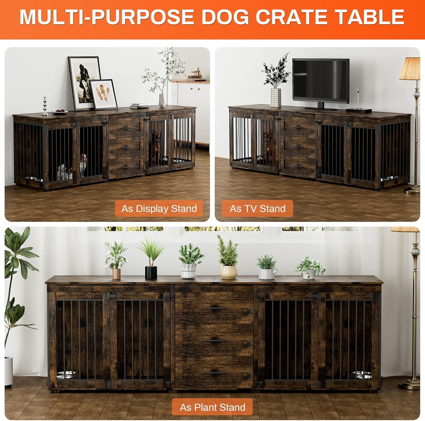 94.5" Dog Crate Furniture for 2 Dogs, Large Dog Kennel Furniture with 3 Storage Drawer, Wooden Dog Cage with 4 Bowls, Indoor Dog House TV Stand with Locks for Large Medium Dog, Rustic Brown