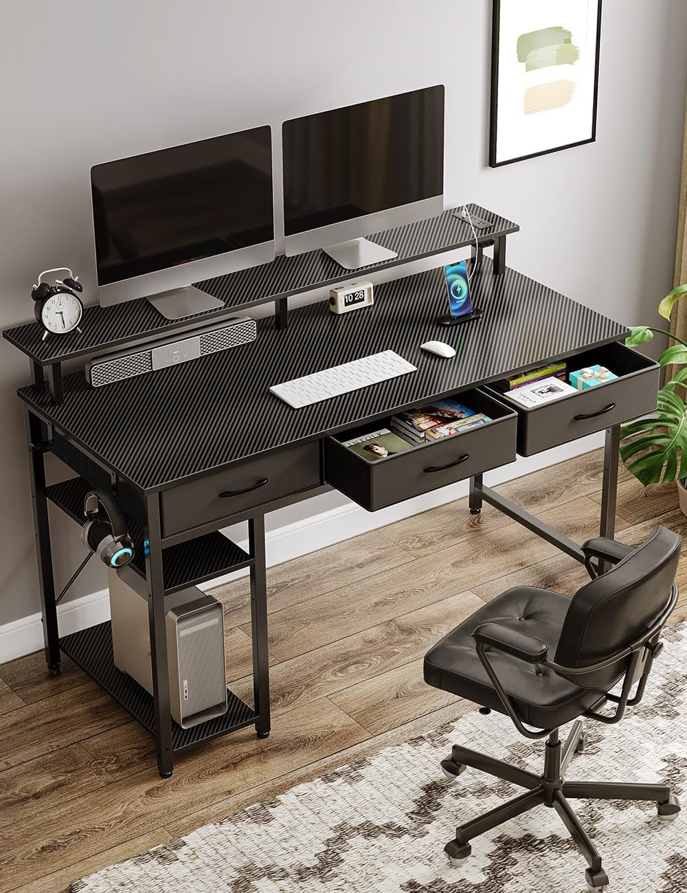 Computer Desk with Power Outlets & LED Light, 47 Inch Home Office Desk with 3 Drawers and Storage Shelves, Writing Desk with Monitor Stand, Modern Work Desk for Home Office, Carbon Black