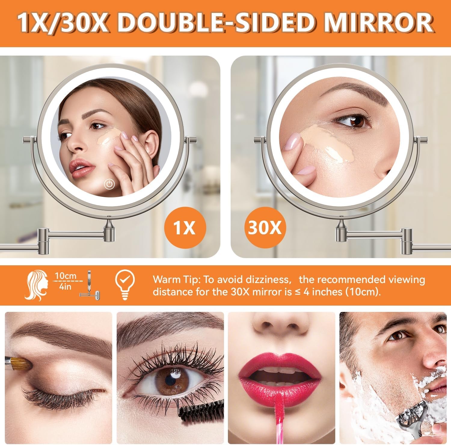 1X/30X Wall Mounted Lighted Makeup Mirror, 8" 3200 Mah Rechargeable Double-Sided Magnifying Mirror, Touch Dimmable 3 Color Lights, 360° Rotating Foldable 14.5" Extension Arm, Brushed Nickel