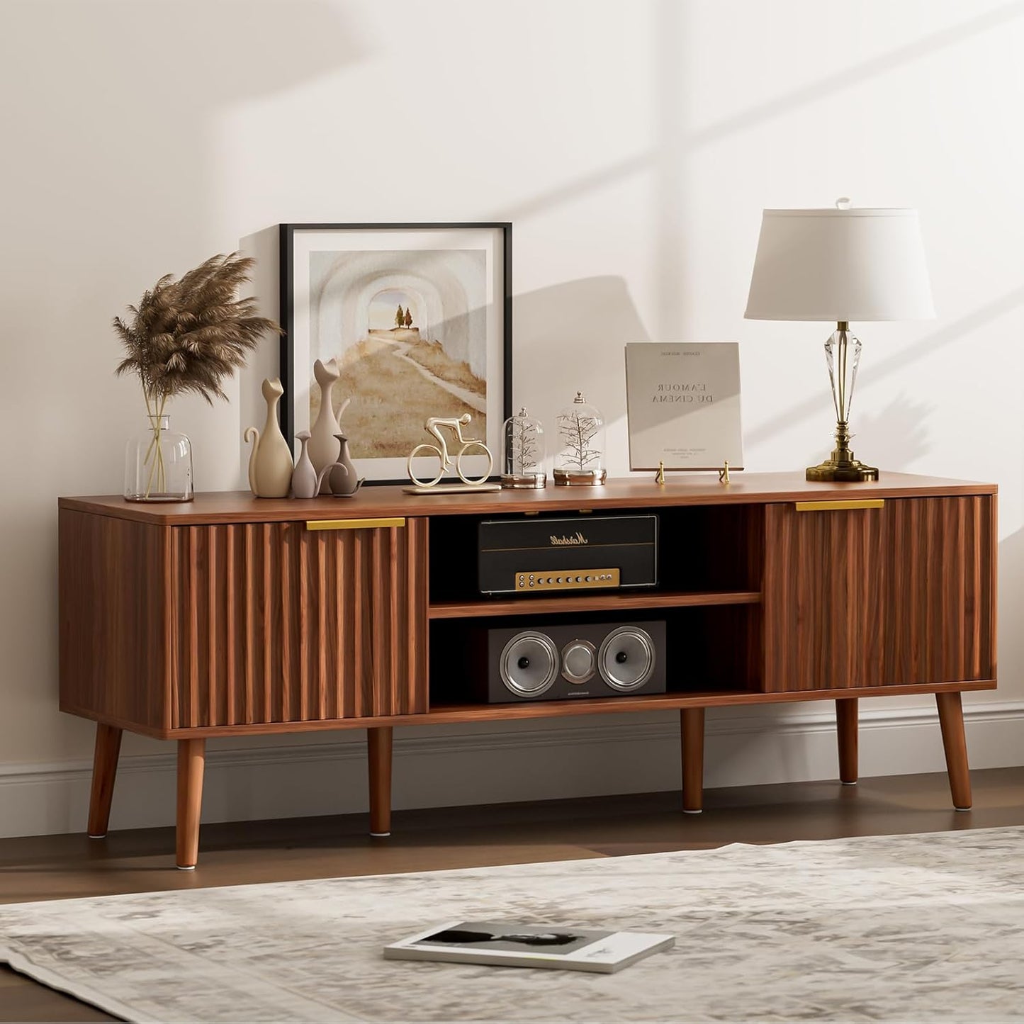 TV Stand for Living Room, Mid Century Modern Entertainment Center for 55/60/65 Inch Tvs, TV Console with Fluted Door Cabinets and Open Shelves, for Bedroom, Walnut