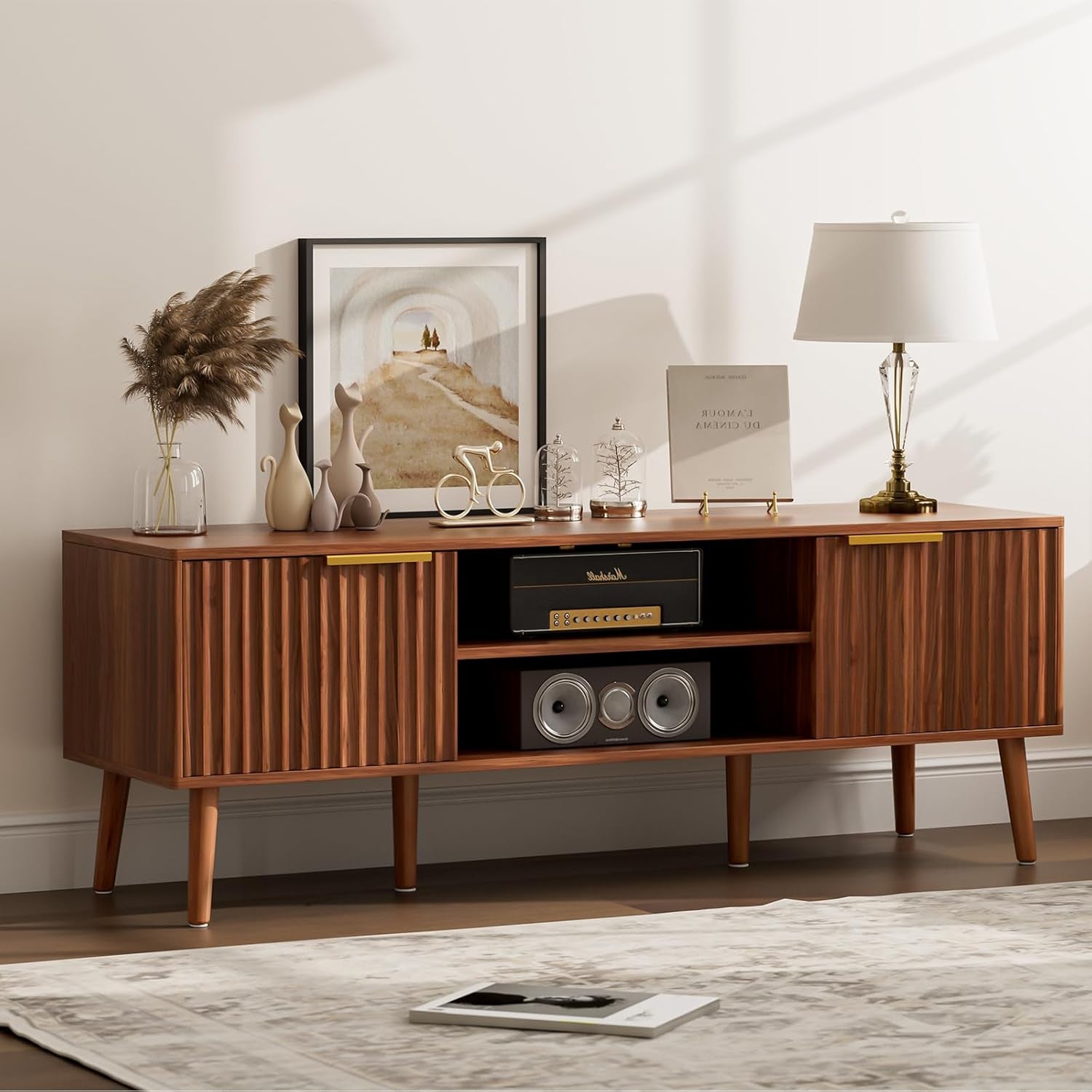 TV Stand for Living Room, Mid Century Modern Entertainment Center for 55/60 Inch Tvs, TV Console with Fluted Door Cabinets and Open Shelves, for Bedroom, Walnut