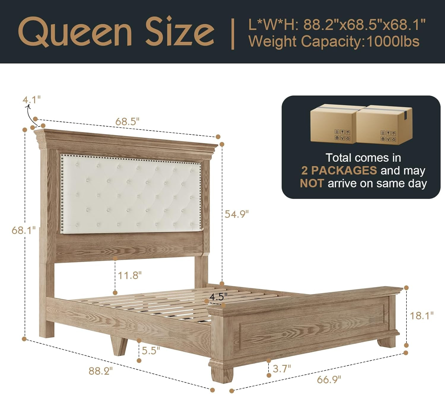 Queen Rustic Solid Wood Bed Frame with 68" Tall Headboard, Farmhouse Chenille Upholstered Panel Platform Bed Mattress Frame, Button Tufted/Antique Brass Nail Trim/No Box Spring Needed, Milk Ash