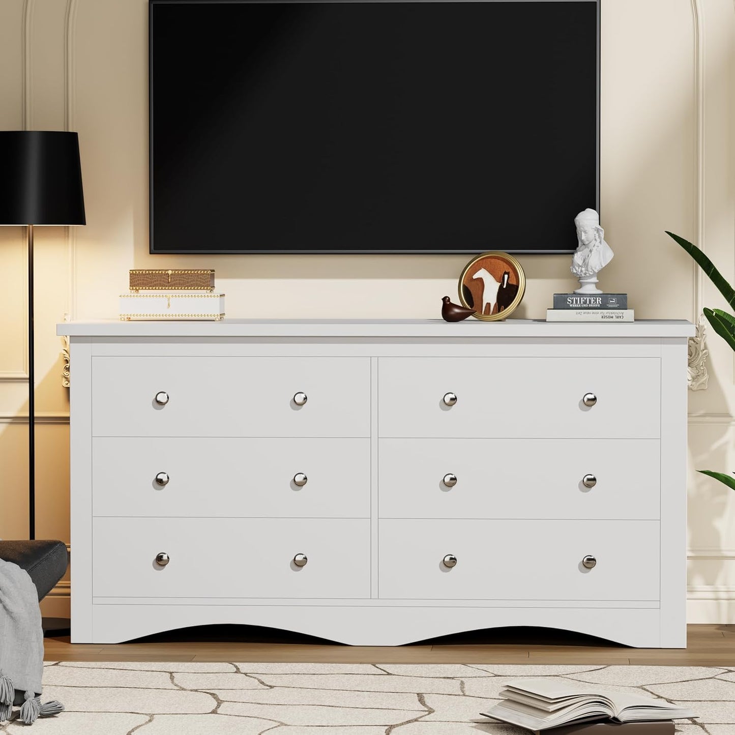 Dresser for Bedroom with 6 Drawers, Modern Chest of Drawers, Wooden Dressers, TV Stand for Living Room,Closet, Hallway (White)