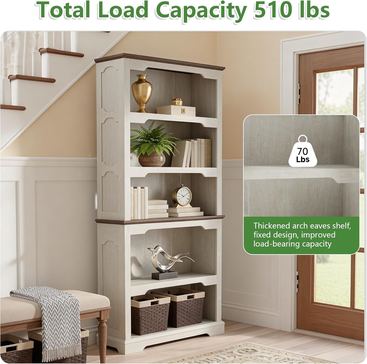 70 Inches Farmhouse Bookcase Bookshelf, Two-Tone Shelves, 5 Tier Bookshelf with Arched Trim, Home Office Living Room Storage Cabinet Unit, 31.5X11.8 Inches (Distressed White & Walnut, Open Shelf)