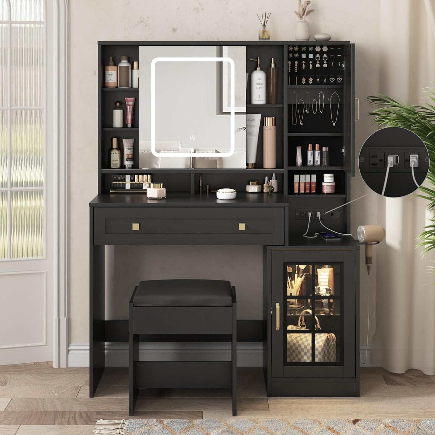 Vanity Desk with Sliding Mirror and Lights, 41.8'' Black Makeup Vanity Table with Jewelry Storage & Charging Station, Stool, Large Drawer, Visual Cabinet, 3 Lighting Modes, Adjustable Shelves