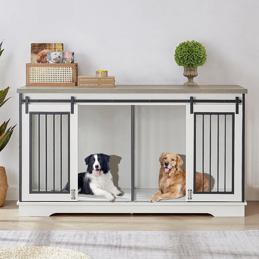 61" Double Dog Crate Furniture for 2 Dogs, Double Dog Kennel Furniture TV Stand with Divider, Furniture Style Wooden Crates for Large Medium Small Dogs Indoor White