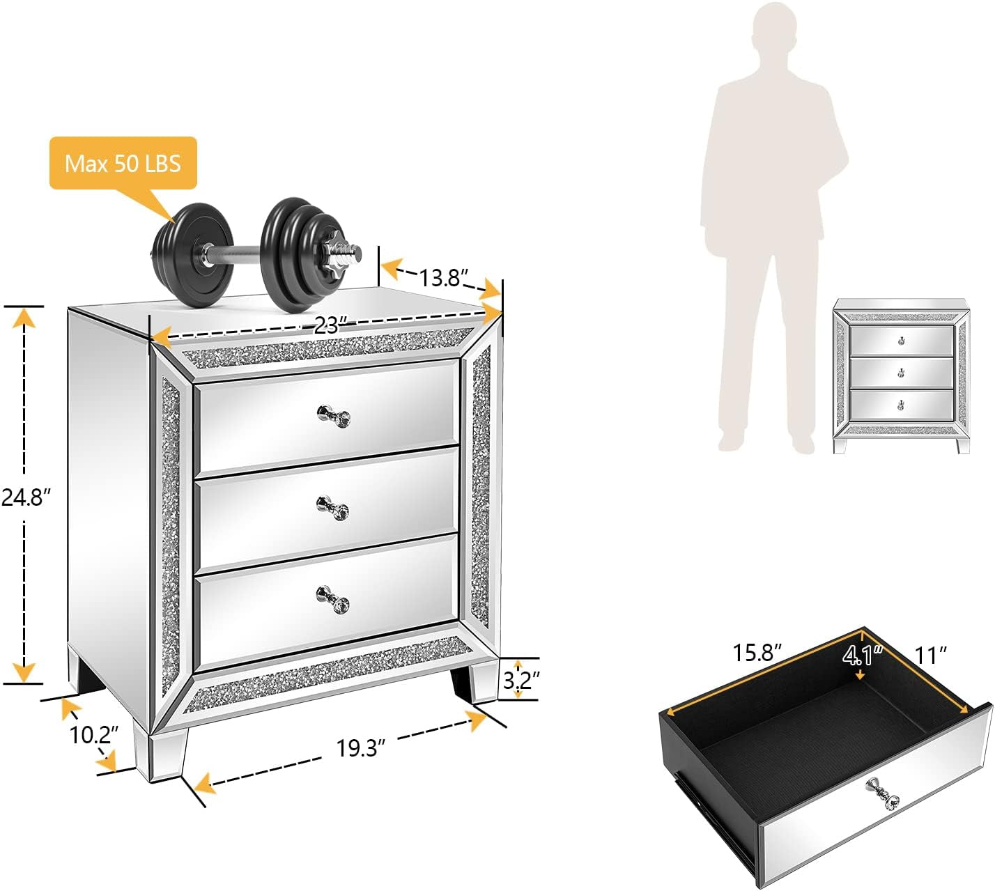 Mirrored Nightstands Set of 2, 23" W Glass Mirror Night Stand Set of 2, Modern Bedside Table 3 Drawer Glass Side End Table Silver Dresser for Bedroom, 23”W X 13.8”D X 24.8”H