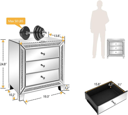 Mirrored Nightstands Set of 2, 23" W Glass Mirror Night Stand Set of 2, Modern Bedside Table 3 Drawer Glass Side End Table Silver Dresser for Bedroom, 23”W X 13.8”D X 24.8”H