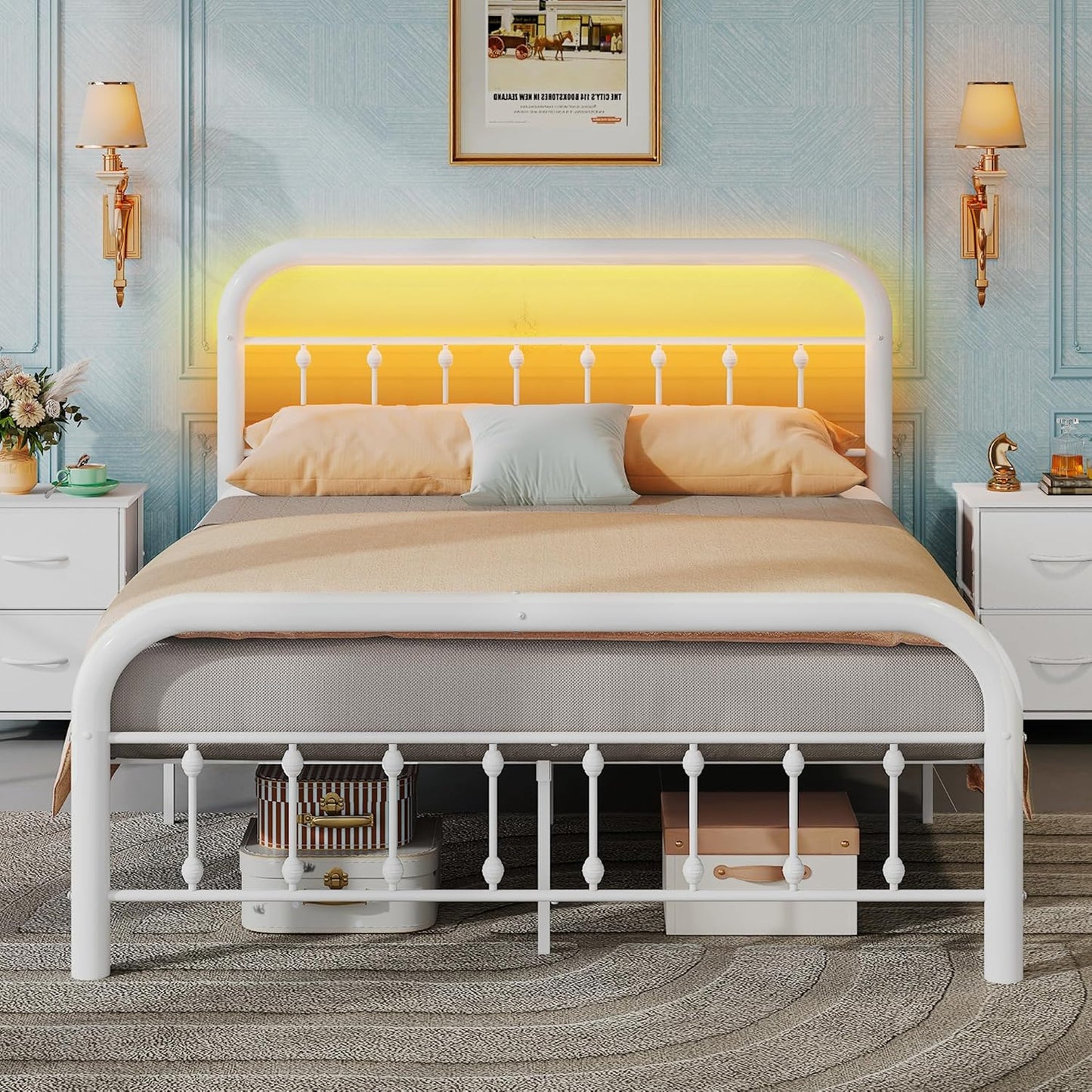 Full Size Bed Frame, Full Bed Frames with LED Lights and Charging Station, Metal Bed Frame with Headboard,No Box Spring Required,Easy Assembly, Black