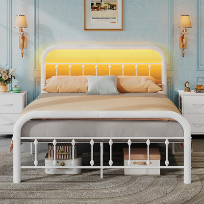 Bed Frame King Size, King Size Bed Frame and Headboard, King Bed Frames with LED Lights and Charging Station,No Box Spring Required,Easy Assembly,White