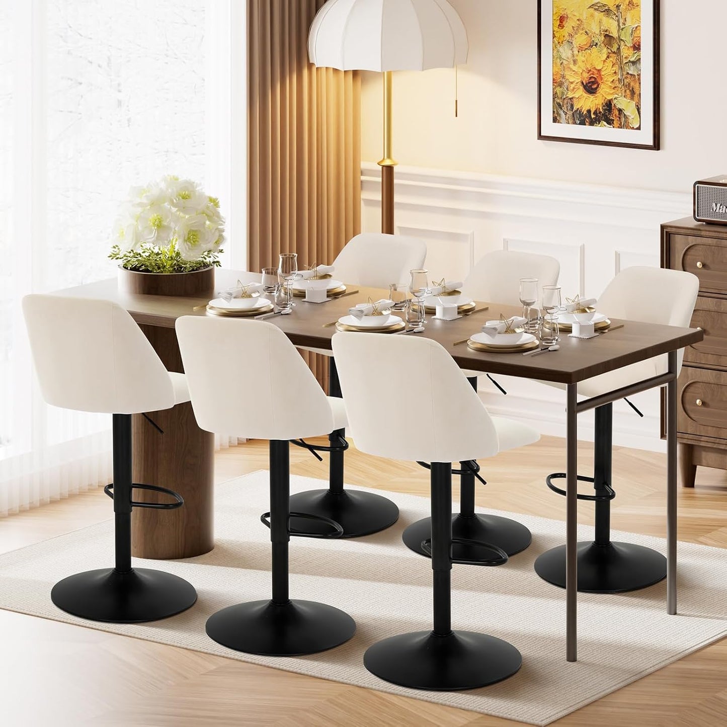 Bar Stools Set of 3, Modern Swivel Bar Chairs, Adjustable Upholstered Barstools Counter Height with Full Backrest for Bar, Dining Room, Kitchen Island, Beige