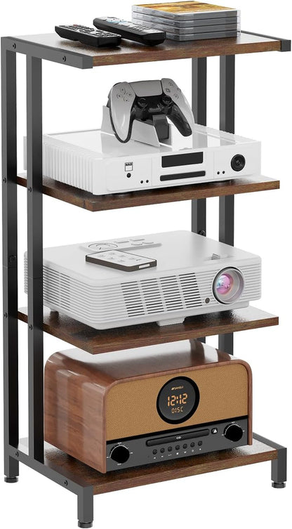 16.5" Small 4-Tier AV Media Stand,Narrow Version Wooden Corner Shelves Stereo Cabinet Audio Rack Stand Tower Perfect for Small DVD Players Game Console TV Box Cable Box Wifi Router