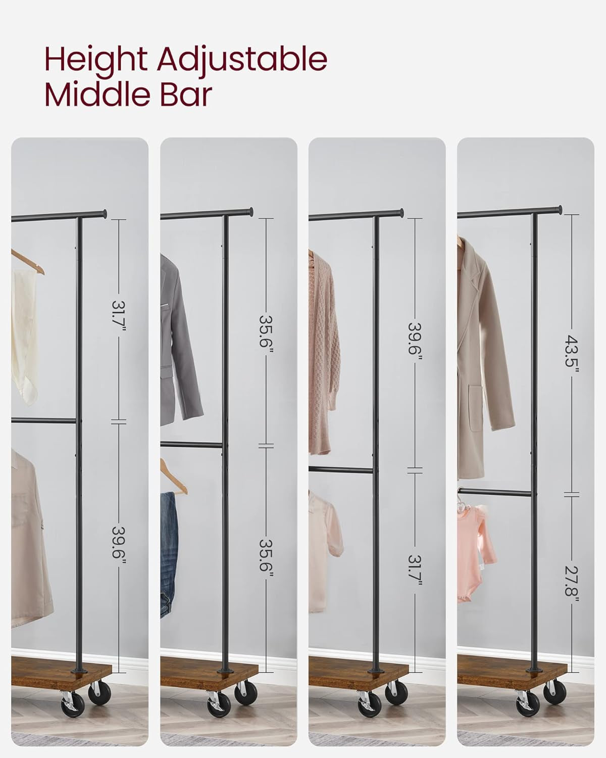 Clothes Rack, Clothing Rack with Wheels, 43.3-66.9 Inch Extendable Bar, Height-Adjustable Garment Rack, 332 Lb Load, 2 Brakes, Heavy-Duty, Industrial, Rustic Brown and Black URGR111B01V1
