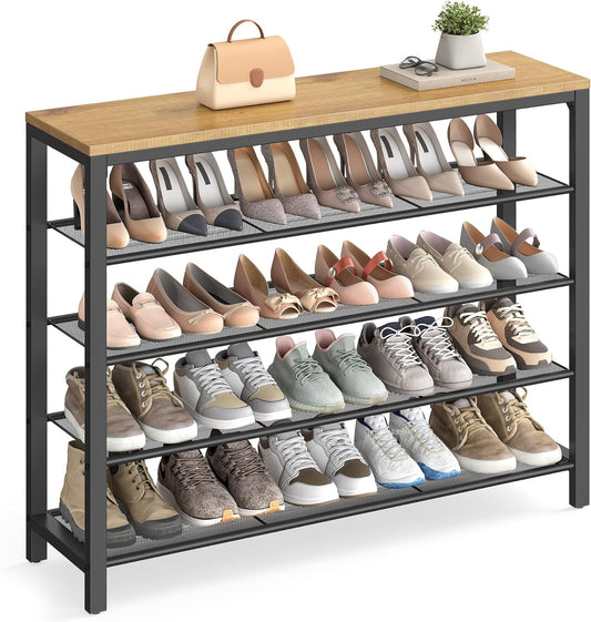 INDESTIC Shoe Rack, Shoe Organizer for Closet with 4 Mesh Shelves and Large Top for Bags, Entryway Hallway Shoe Shelf, Steel Frame, Industrial, Honey Brown and Black ULBS015B05